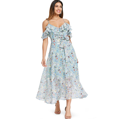 

Floral Cold Shoulder Ruffle Slip Midi Dress