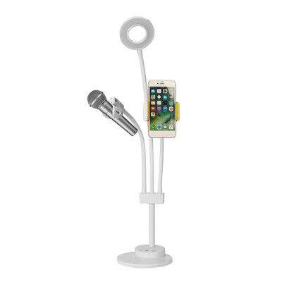 

3 in 1 Lazy Bracket Phone Stand with Microphone Holder Flexible Cellphone Clip with 24 LED Lightbeads Selfie Ring Light for Live