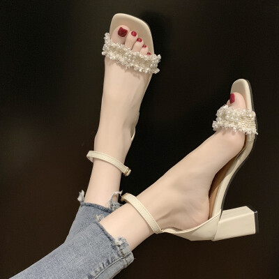 

Coarse-heeled Sandals Mid-heeled Fairy Wind Pearl-scented High-heeled Shoes in Summer