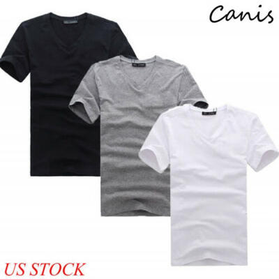 

US Men V Neck Cotton T-shirt Slim Fit Short Sleeve Solid Color Casual Top Summer
