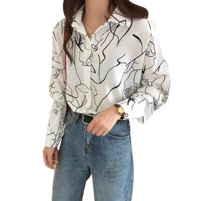 

2019 Autumn New Geometric Line Print Blouse Loose Simple Casual Long Sleeve Shirts Office Lady OL Blouse Shirt White