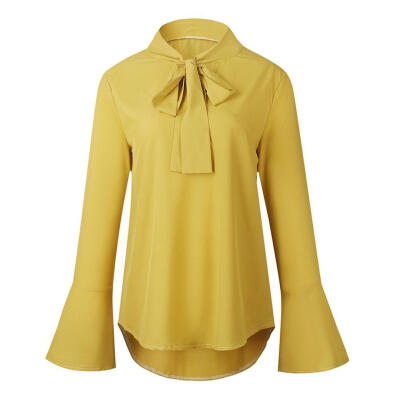 

Women Bow Tie Neck Long Sleeve Chiffon Blouse Casual Office Work Shirt Tops