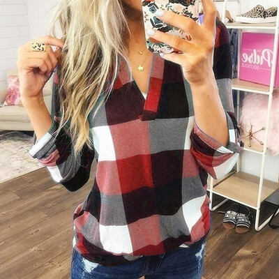 

Fashion Women Autumn Plaid Print Shirt V Neck Long Sleeve Loose Casual Plus Size T-Shirt Top
