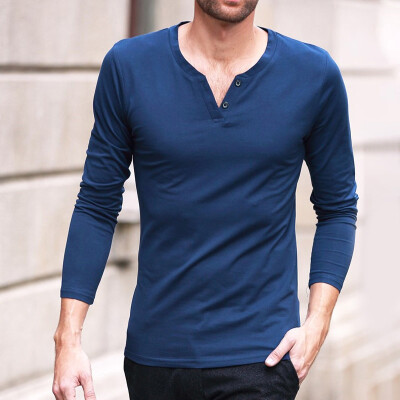 

Mens Slim Fit Button Muscle Tops Long Sleeves Casual Basic Tee V Neck T Shirts