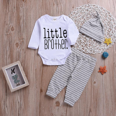 

3Pcs Baby Boy Clothes Little Brother Print Bodysuit Summe Cotton Long Sleeve Romper Stripe PantsHat Outfits Set