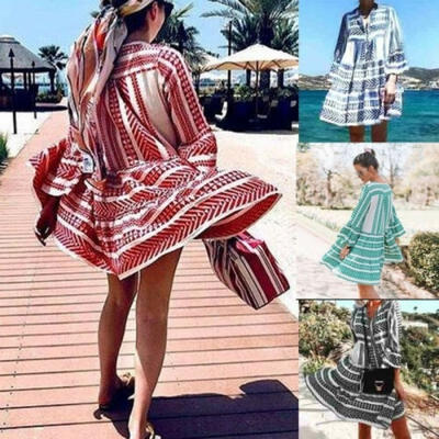 

Womens Summer Boho Floral Short Dress Tunic Cocktail Party Beach Sundress