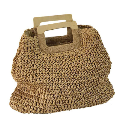 

Vintage Large Capacity Totes Women Woven Summer Beach Bag Wooden Handle Straw Handbag Bohemian Top-handle Bags