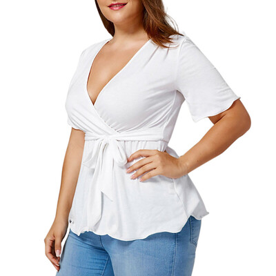 

Roseonmyhand Fashion Womens Solid Plus Size Belted Surplice Blouse Short Sleeve V-Neck Tops
