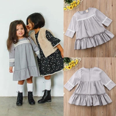 

Fashion Baby Girl Kids Long Sleeved Ruffled Dress Solid Color Cotton Party Dresses