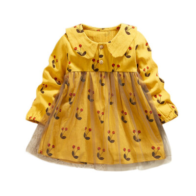 

Spring Autumn New Pattern Baby Kids Girls Cherry Print Long Sleeve Dress Sweet Cotton Comfortable Korean Style Mesh Design Dress