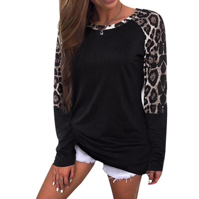 

2019 Autumn Fashion Women Casual Loose T-shirt splice Leopard O-neck Long sleeves Top
