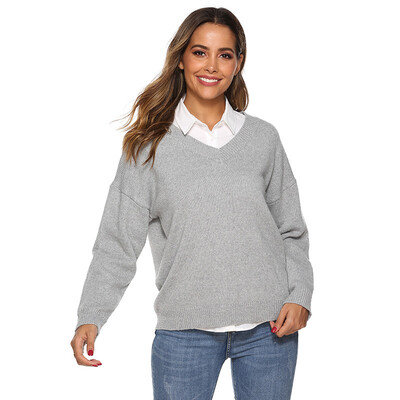 

Fashion New V-neck Solid Color Loose Long-sleeved Pullover Sweater
