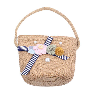 

Girls Hand Woven Bag Flower Bowknot Beads Handbag Rattan Straw Children Kids Bohemian Crossbody Bags Tote