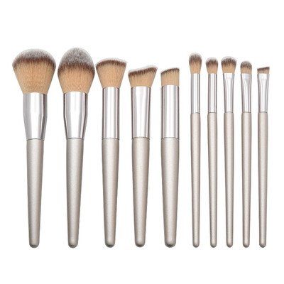 

Toponeto 10Pcs Beige Conical Handle Grey Mouthpiece And Wooden Handle Makeup Brush Set