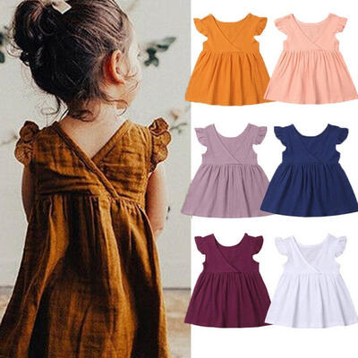 

Toddler Infant Kids Baby Girl Summer Solid Color Ruffle Party Dress Clothes 1-5Y