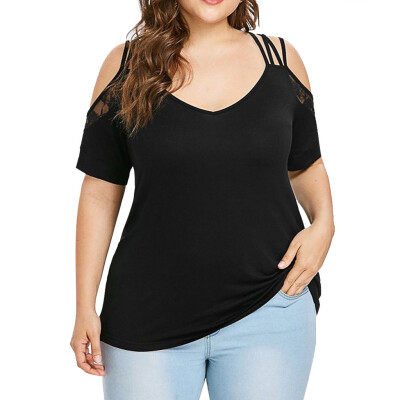 

Nomeni Fashion Women Solid V-Neck Lace Plus Size Cold Shoulder T-shirt Tops Blouse