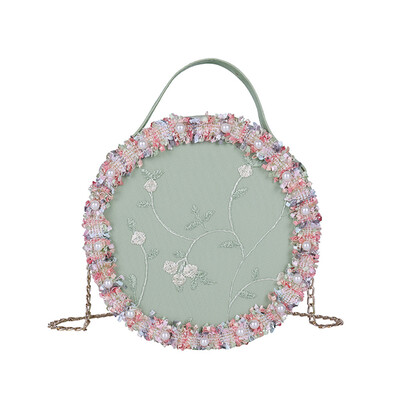 

Women Round Messenger Bag Elegant Wool Floral Shoulder Bag Ladies Chain Circular Crossbody Bags Female Handbags T30