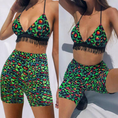 

2Pcs Women Romper Outfits Leopard Top Shorts Bodycon ClubWear Jumpsuit UK stock