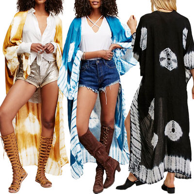 

New Women Chiffon Kimono Cardigan Beach Cover Up Contrast Print Long Loose Casual Blouse Top WhiteBlueYellow