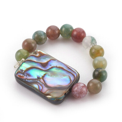 

Natural Indian Agate Beads Stretch Finger Rings with Natural AbalonePaua Shell Beads Size 12 22mm