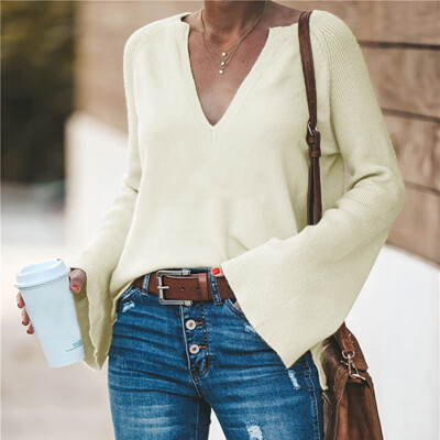 

〖Follure〗Women Solid Sweater Long Sleeve V-Neck Flare Sleeve knitting Sweater Tops