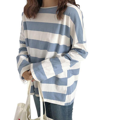 

Striped Tees Round Neck T-shirts Women Long Sleeve Loose Pullovers Tops