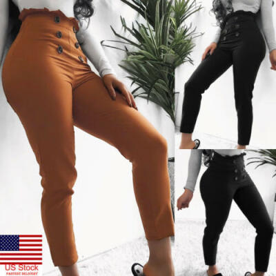 

US Women High Waist Casual Drawstring Elastic Long Pants Ladies Pencil Trousers