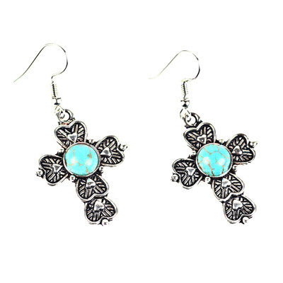 

Retro Turquoise Silver Cross Heart Dangle Earring Women Carved Charm Pendant Fashion Earrings Jewelry