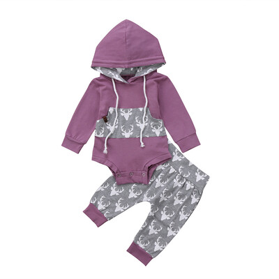 

2019 Baby Boy Girl Hoodie Pullover Romper Hooded Tops Pants Kid Clothes Set Hot