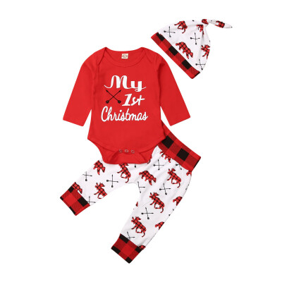 

3pcs Kids Baby Girl Boy My First Christmas Romper Pant Hat Outfits Xmas Set
