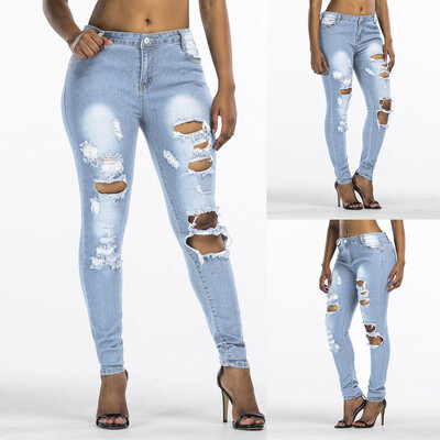 

Tailored Women Slim Washed Ripped Hole Gradient Long Jeans Denim Sexy Regular Pants