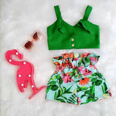 

2PCS Flamingo Toddler Baby Girls Floral Vest Crop Tops Short Pants Outfits Clothes