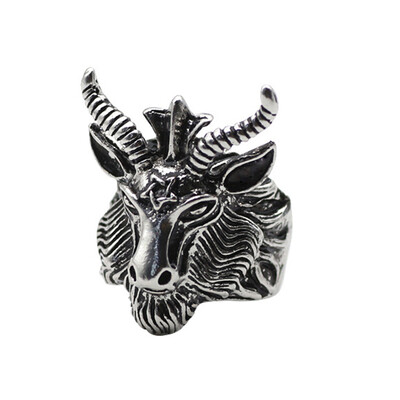

Vintage Men Gothic Pentacle Satan Sheep Goat Horn Head Ring
