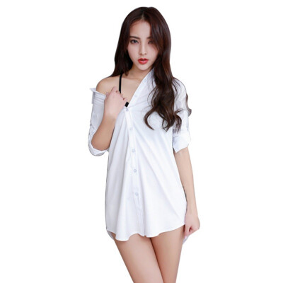 

Women White Shirt Dress Spring Summer Fashion 34 Sleeve Elegant Solid Color Blouse Office Lady Button Long Shirt