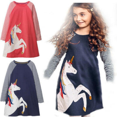 

Cotton Kids Baby Girls Dress Unicorn Striped Long Sleeve Dresses Tops Clothes US