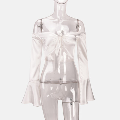 

Summer Autumn Women Blouse Tops Sexy Slash Neck Shirt Satin Trumpet Sleeve Tops Short Tie Knotted Cardigan Blouses