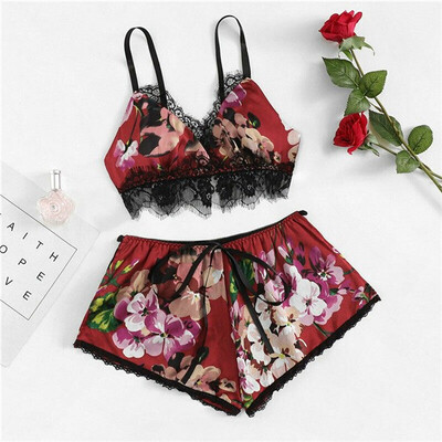 

2pcs Women Sexy Satin Lace Sleepwear Babydoll Lingerie Nightdress Pajamas Sets
