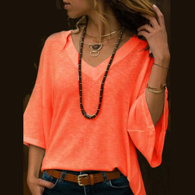 

Womens V Neck Loose Tops Solid 34 Sleeve Shirt Summer Casual Blouse Basic Tee