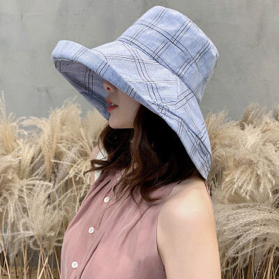 

Summer sun protection double - sided cotton - linen fishermans hat plaid goes out sun - shading sun cap net red person basin hat