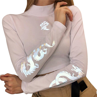 

2019 New O-neck Short Reflective Printing Long Sleeves Exposed Navel T-shirt High Collar Tops White