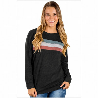 

Striped stitching round collar long sleeve pullover sweatshirt casual sweatshirt