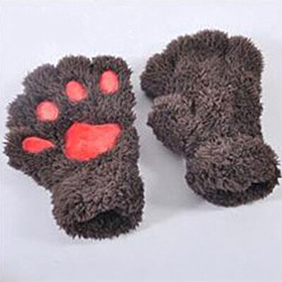 

Women Cute Cartoon Cat Thick Plush Bear Paw Half Finger Gloves Winter Girl Fingerless Cat Claw Fashion Warm Gloves