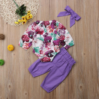 

Newborn Kids Baby Girls Romper Floral Pants Headband Outfit Clothes 3PCS Set 0-24M