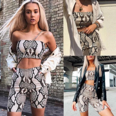 

Fashion 2 Pieces Sexy Print Women Summer Jumpsuit Set Bodycon Tube Crop Top Short Pants