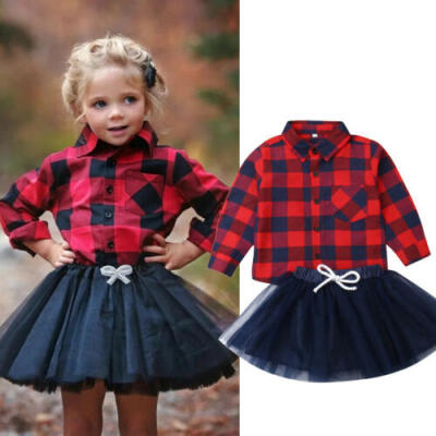 

Toddler Kids Baby Girls Clothes Long Sleeve Plaid ShirtTulle Skirt Outfits Set