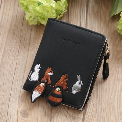 

Womens PU Leather Wallet With Embroidery Pattern Snap Button Closure Card Photo Holder Note Compartment Zipper Pocket