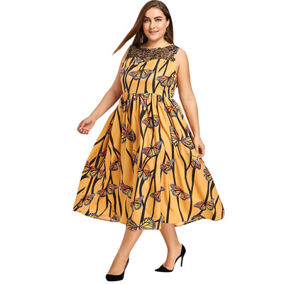

Plus Size Lace Yoke Butterfly Print Dress