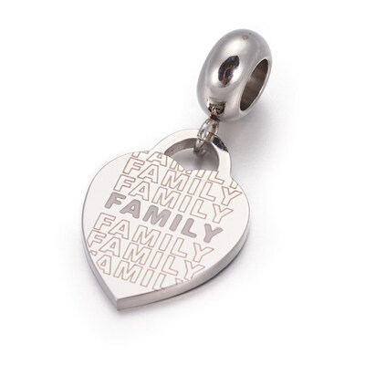 

304 Stainless Steel European Dangle Beads with Enamel Large Hole Pendants Heart with Word Family Stainless Steel Color