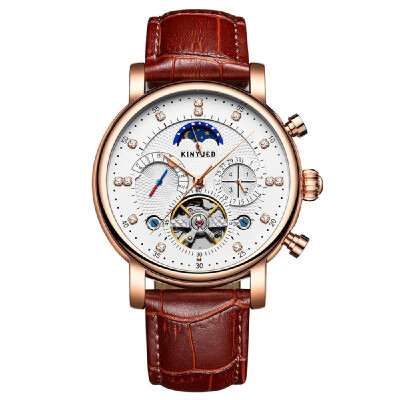 

KINYUED Luxury 3ATM Water-Proof Automatic Mechanical Watch Genuine Leather Skeleton Man Business Wristwatch ChronoMoon PhaseWeek