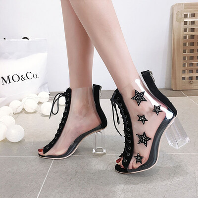 

High-heeled shoe female Xia Han Baitao crystal sandals laced with high-heeled shoes Fishmouth Roman sandals
